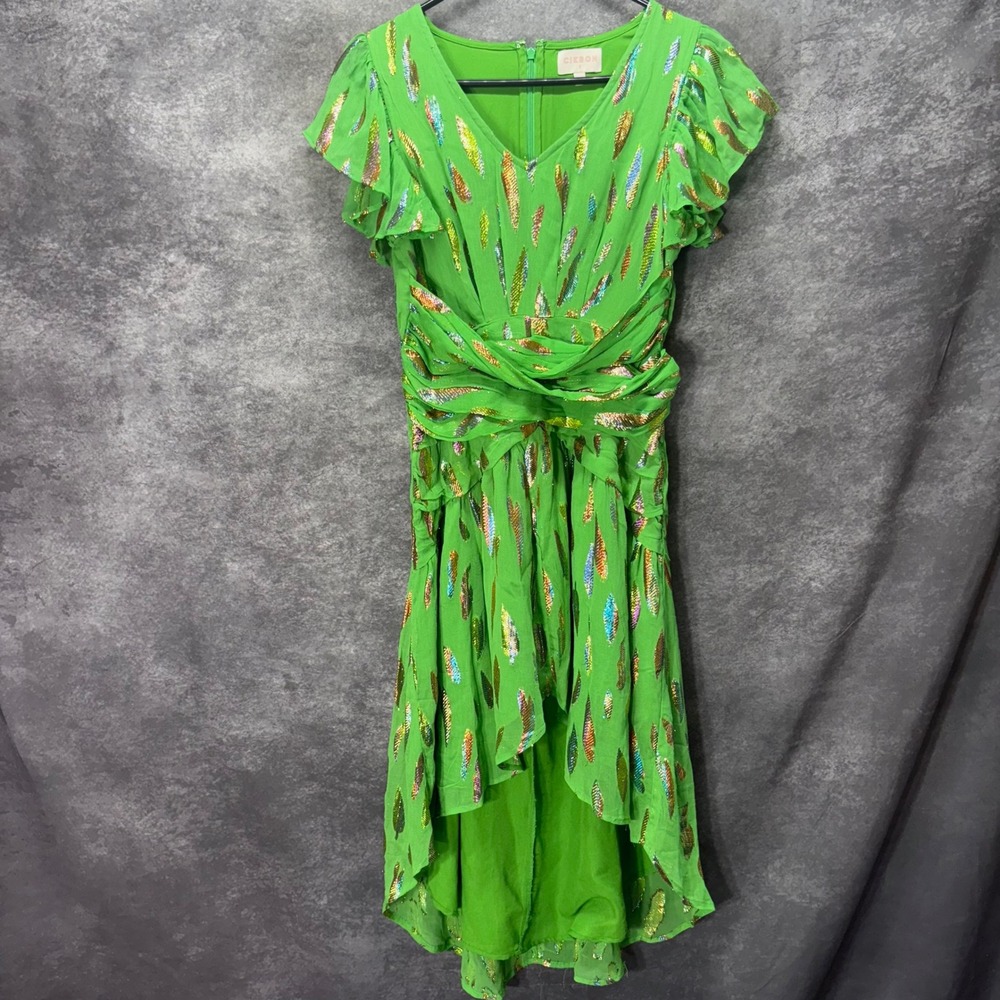 CIEBON Palmina Metallic Leaf Print High-Low Dress Size S Green Whimsical Fairy